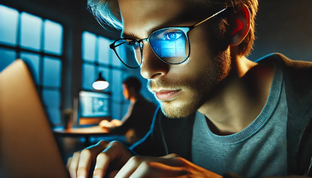 A close-up of a person wearing stylish, non-tinted blue light blocking reading glasses while working on a laptop in a dimly lit room, with a soft blue screen reflection visible in the lenses, emphasizing digital wellness and eye comfort.