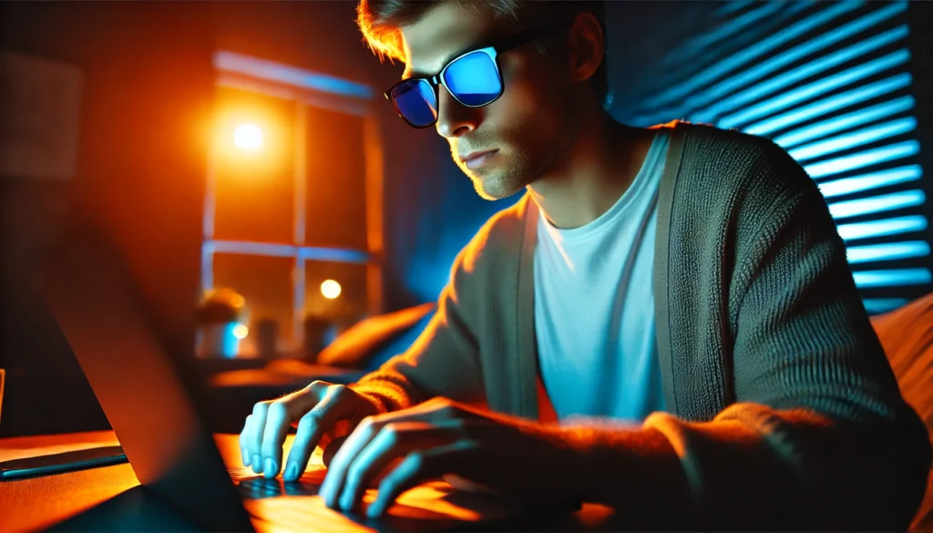 A person wearing blue light blocking glasses while working on a laptop at night, surrounded by a warm ambient glow that contrasts with the cool blue light from the screen, emphasizing cognitive performance and eye protection.