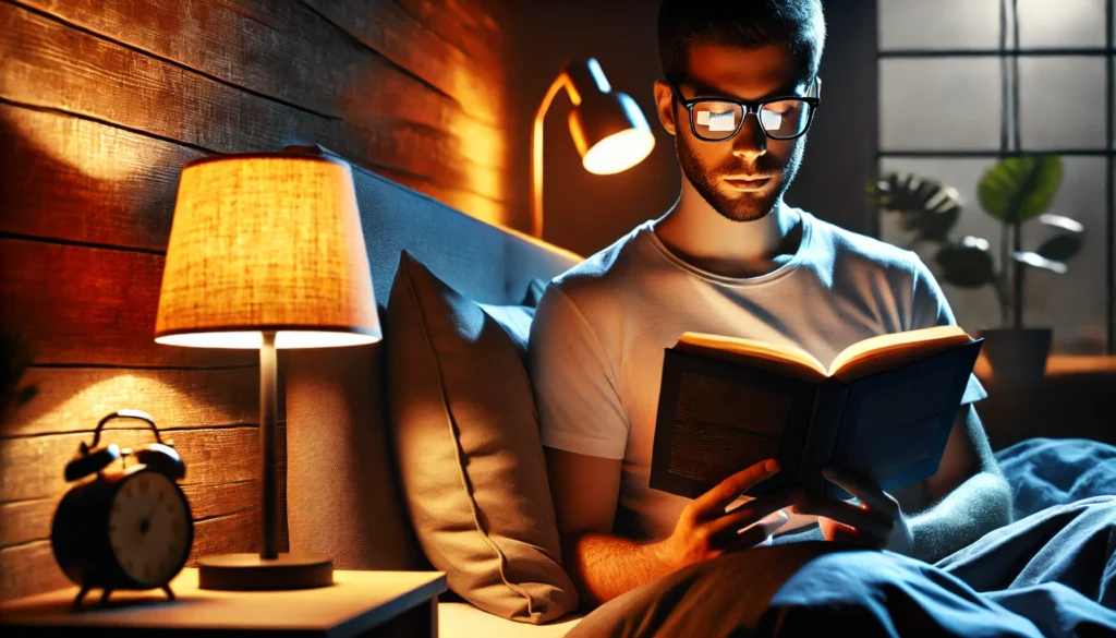 A peaceful bedroom scene at night with a person wearing blue light blocking glasses while reading under warm bedside lighting, creating a relaxing atmosphere that promotes sleep optimization.