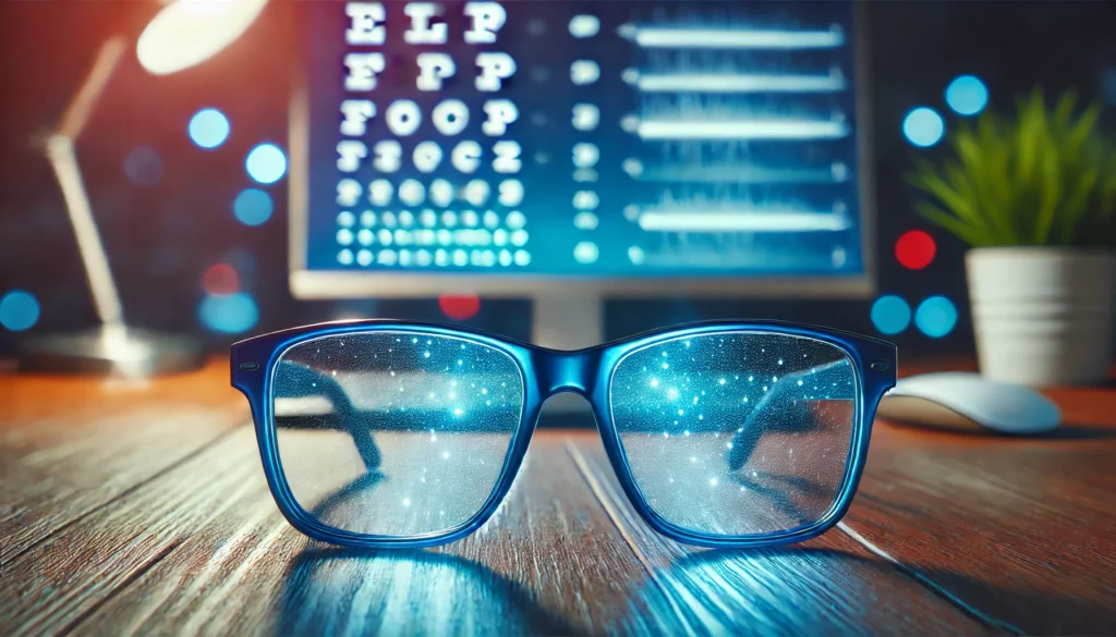 A close-up of blue light blocking glasses resting on a wooden desk with a softly blurred background featuring a computer screen emitting blue light, highlighting their protective function against digital eye strain and sleep disruption.