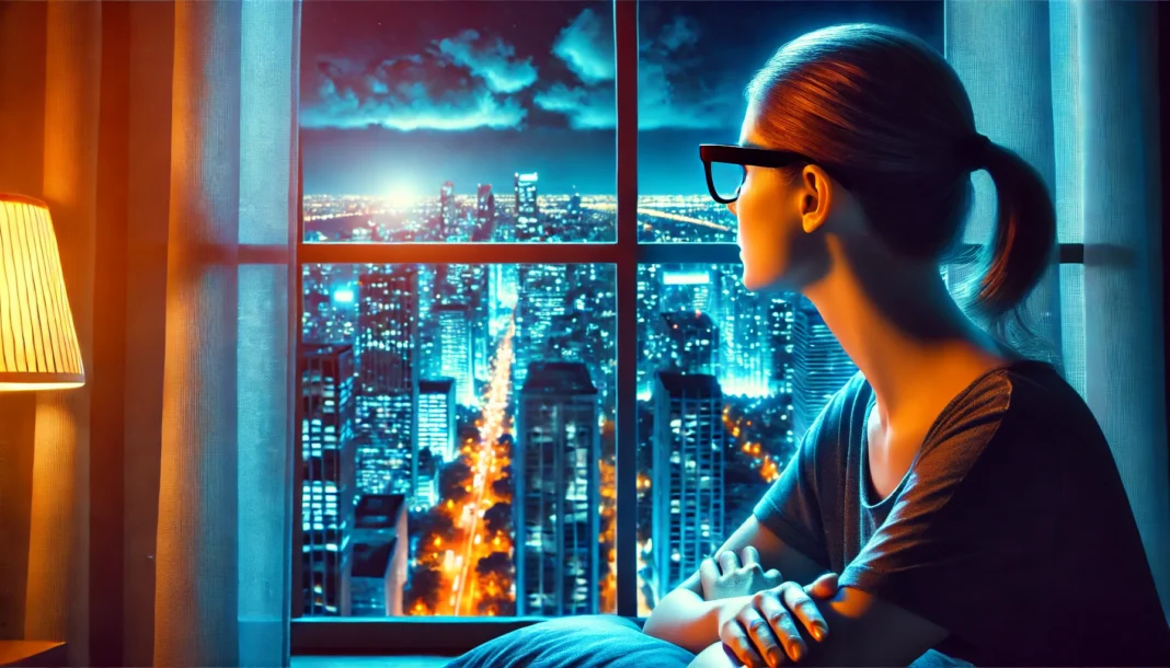 A serene nighttime cityscape with a person gazing out of a window while wearing blue light blocking glasses, with warm indoor lighting contrasting against the cool, vibrant city lights outside, symbolizing relaxation and sleep optimization.