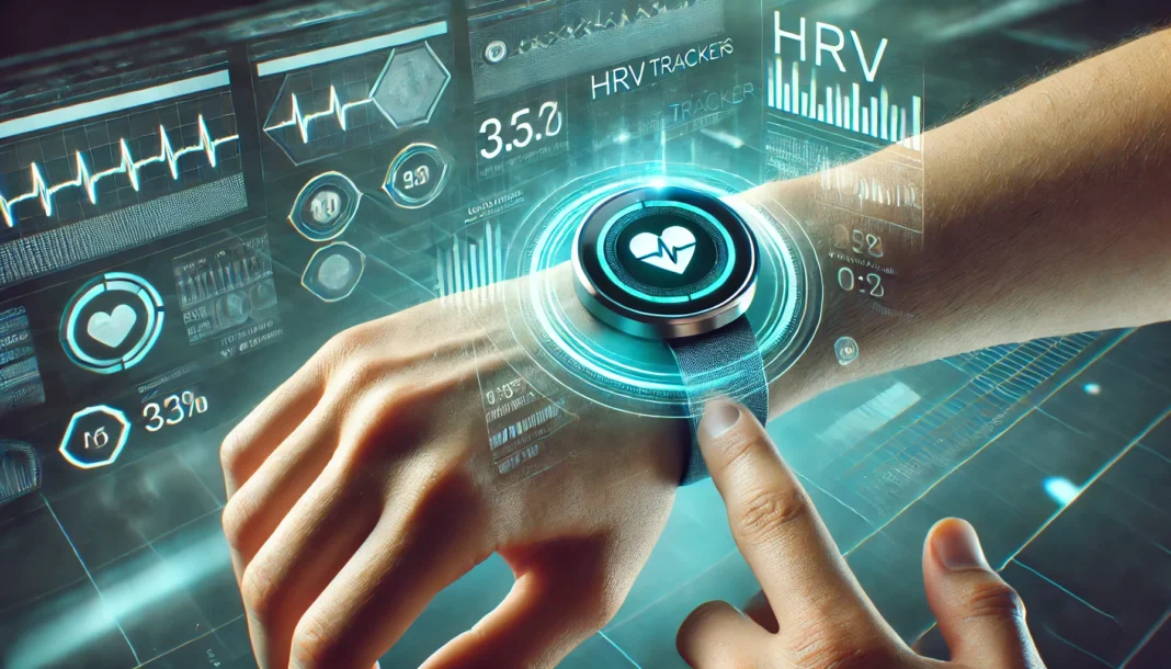 A close-up of a futuristic HRV tracker on a person’s wrist, displaying biometric data in a glowing holographic interface, set against a high-tech environment with soft blue and green lighting for precision health monitoring.