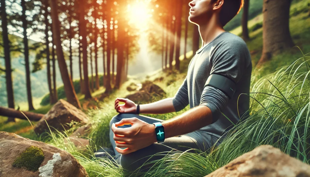 A biohacker practicing deep breathing exercises in a peaceful nature setting, with sunlight filtering through trees, wearing an HRV tracker that subtly monitors heart rate variability for relaxation and recovery.