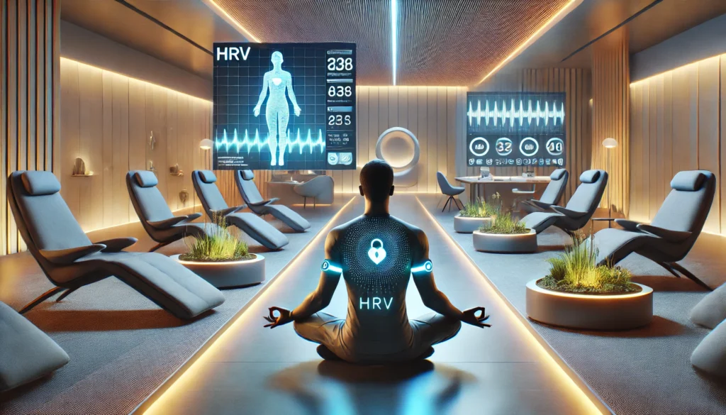 A person meditating in a futuristic wellness center, wearing an HRV tracking device while surrounded by soft ambient lighting, ergonomic furniture, and digital screens displaying real-time biometric feedback for mindfulness and recovery.