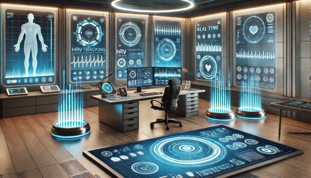 A futuristic biohacker workspace featuring multiple HRV tracking devices, biometric sensors, and holographic digital health displays, set in a sleek, modern environment with ambient lighting for precision health optimization.