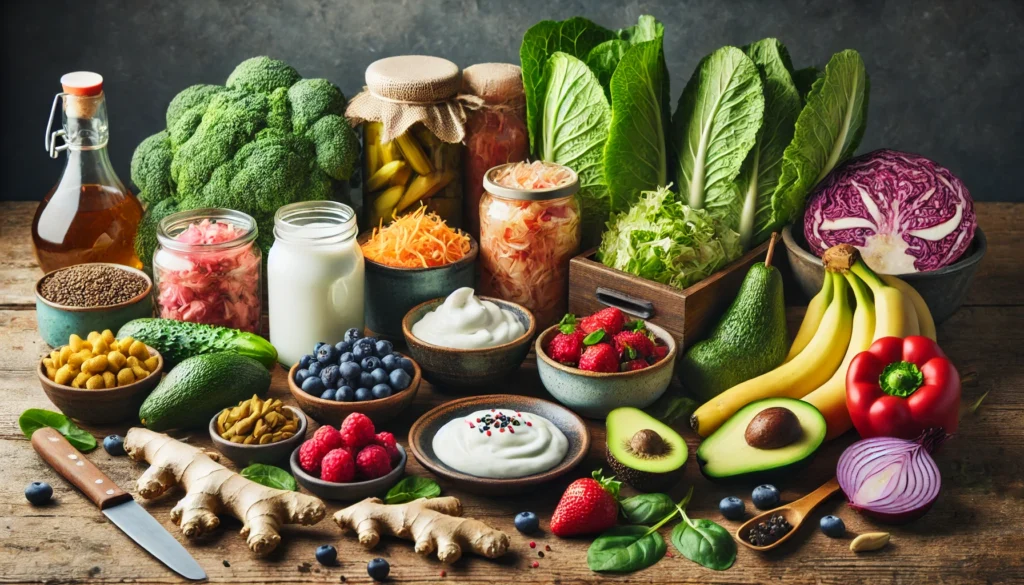 A colorful assortment of gut-friendly foods, including yogurt, kimchi, sauerkraut, leafy greens, bananas, berries, avocados, and ginger, displayed on a rustic wooden table to highlight their digestive health benefits.
