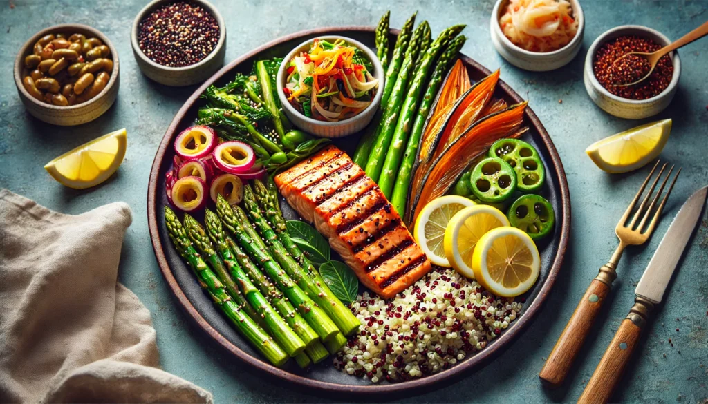A beautifully plated dish featuring grilled salmon, steamed asparagus, quinoa, and a side of kimchi, showcasing a balanced meal rich in fiber, probiotics, and essential nutrients for optimal digestion.