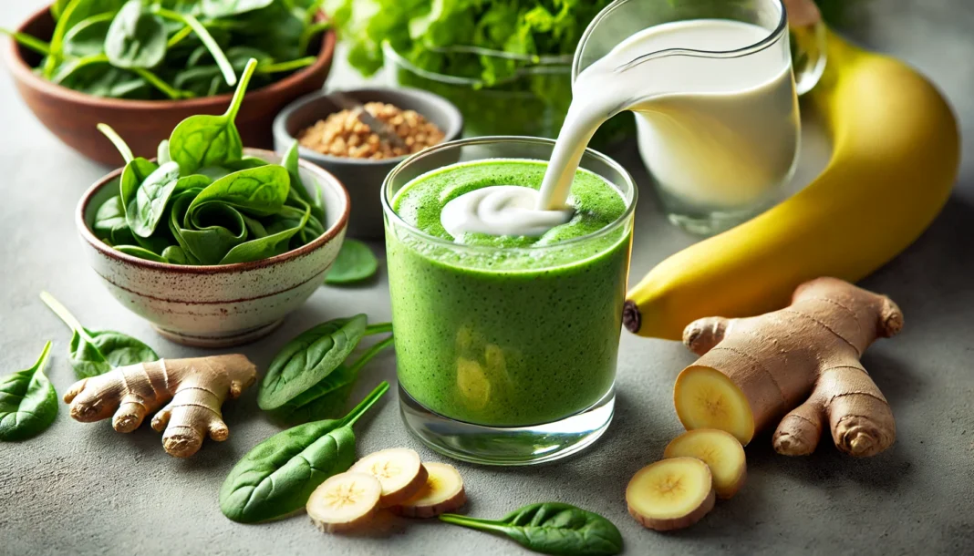 A refreshing green smoothie made with spinach, banana, ginger, and yogurt, poured into a glass with fresh ingredients in the background, emphasizing its role in supporting gut health and reducing bloating.
