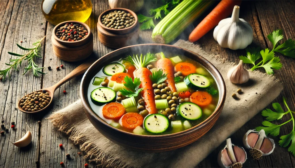 A steaming bowl of homemade vegetable soup filled with gut-friendly ingredients like carrots, celery, zucchini, garlic, and lentils, placed on a rustic wooden table, exuding warmth and digestive nourishment.