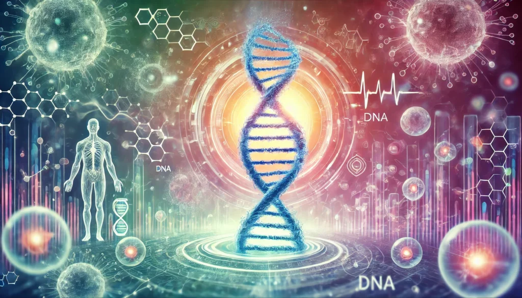 A futuristic depiction of longevity science, featuring a glowing DNA helix surrounded by abstract cellular activity, symbolizing enhanced lifespan and metabolic health."