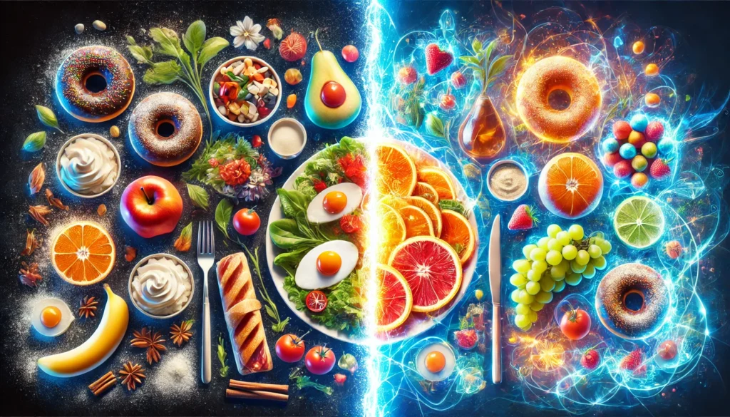 "An artistic visualization of caloric restriction benefits, contrasting a high-calorie diet with nutrient-dense meals glowing with energy, representing health and longevity."