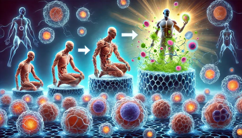 "A conceptual image of cellular repair and autophagy, illustrating damaged cells being replaced by new, vibrant ones, showcasing the regenerative effects of caloric restriction."