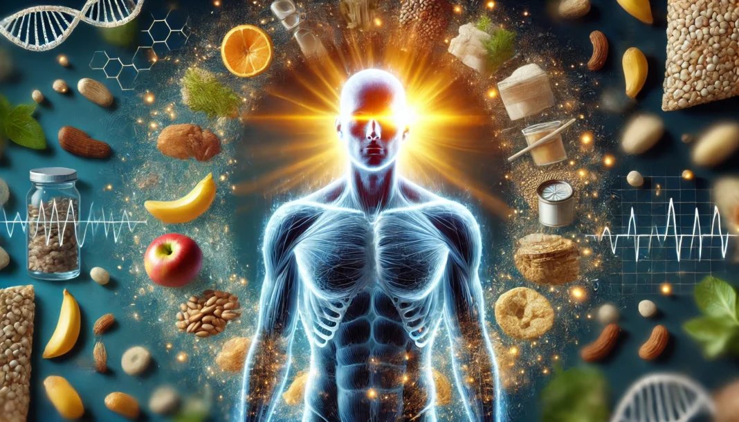 A symbolic representation of the risks of extreme caloric restriction, showing a human figure with fading energy and nutritional deficiencies, contrasted with balanced health.