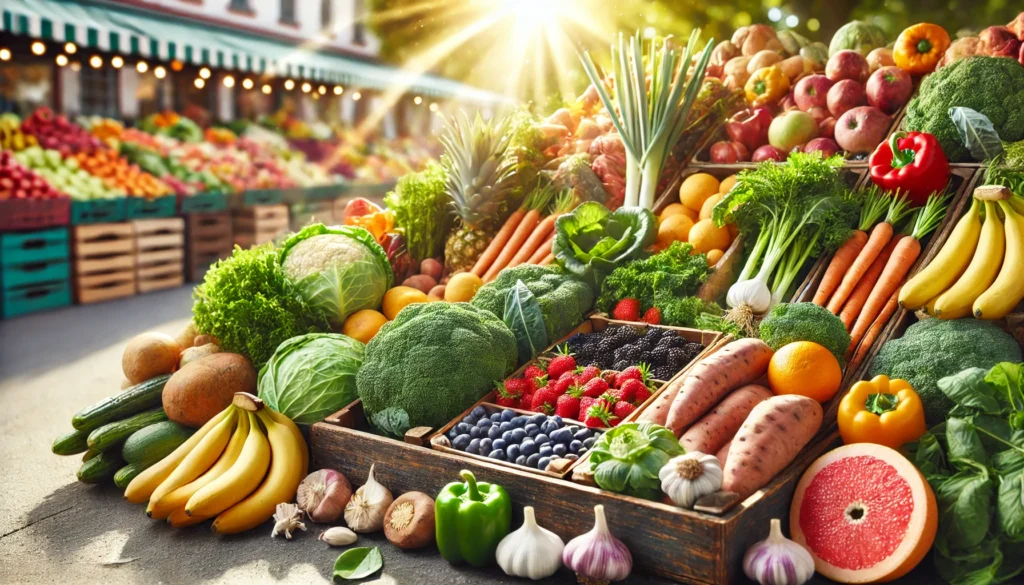 A colorful market stand filled with a variety of gut-healthy fruits and vegetables, including fresh greens, berries, bananas, garlic, and sweet potatoes, illuminated by warm sunlight to highlight their natural freshness.