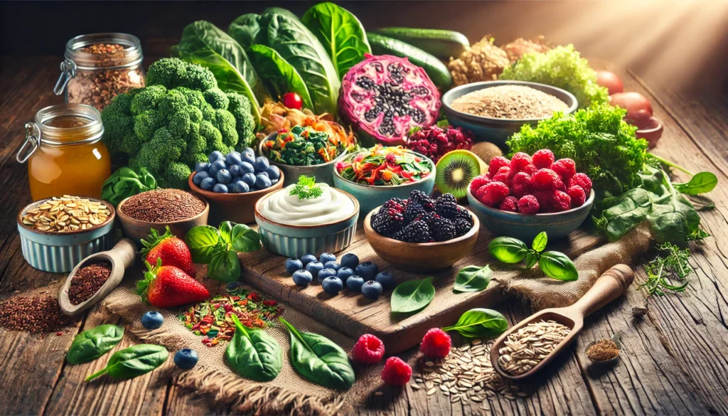 A vibrant assortment of fiber-rich foods including leafy greens, berries, whole grains, and fermented foods displayed on a rustic wooden table, illuminated by natural light.