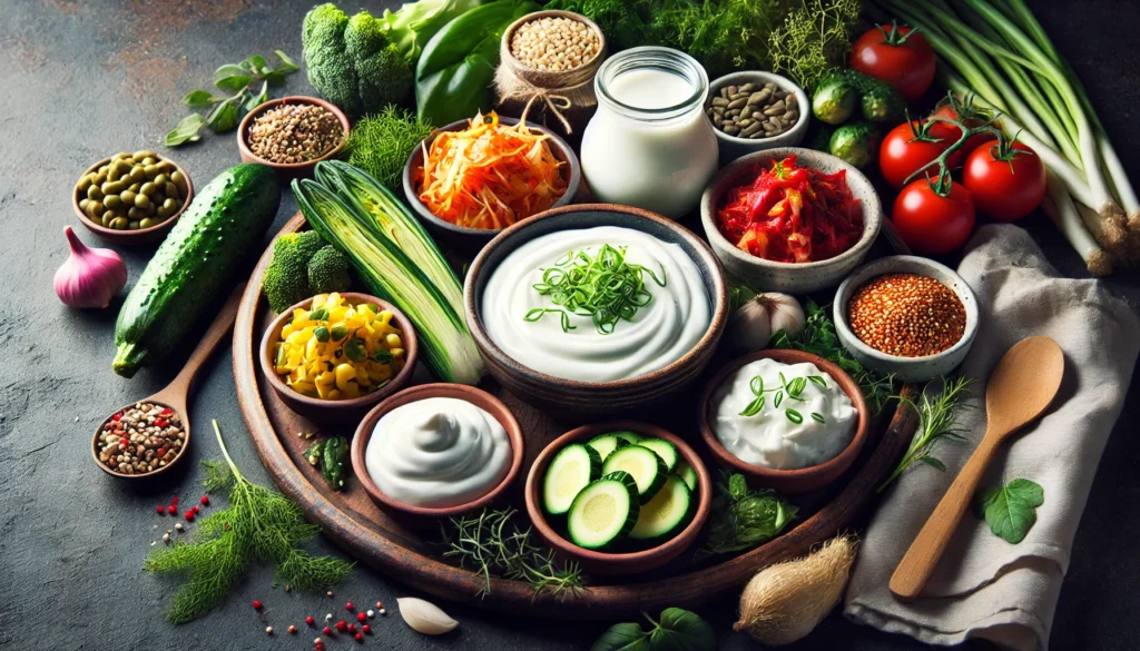 A beautifully arranged bowl of probiotic-rich foods such as yogurt, kimchi, kefir, and fermented vegetables on a dark stone countertop, highlighting gut-friendly nutrition.