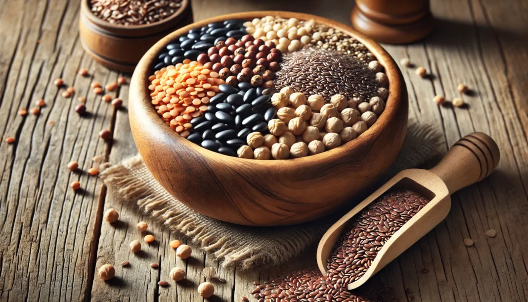 A rustic wooden bowl filled with an assortment of high-fiber legumes and seeds, including lentils, chickpeas, black beans, flaxseeds, and chia seeds, with soft natural lighting enhancing earthy tones.