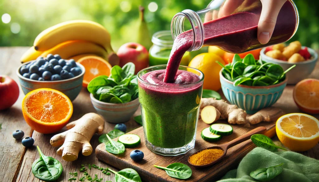A close-up of a fresh fruit and vegetable smoothie being poured into a glass, surrounded by ingredients like bananas, spinach, ginger, and citrus fruits, set against a natural outdoor background.