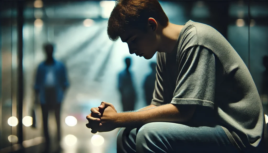 young adult overwhelmed in dim lighting, emotional distress atmosphere, anxious body language in solitude, cinematic lighting with shadows, concept of unexplained anxiety