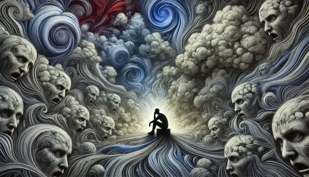 abstract visualization of hidden anxiety triggers, chaotic mental patterns surrounding a calm figure, surreal internal turmoil, emotional overwhelm concept art