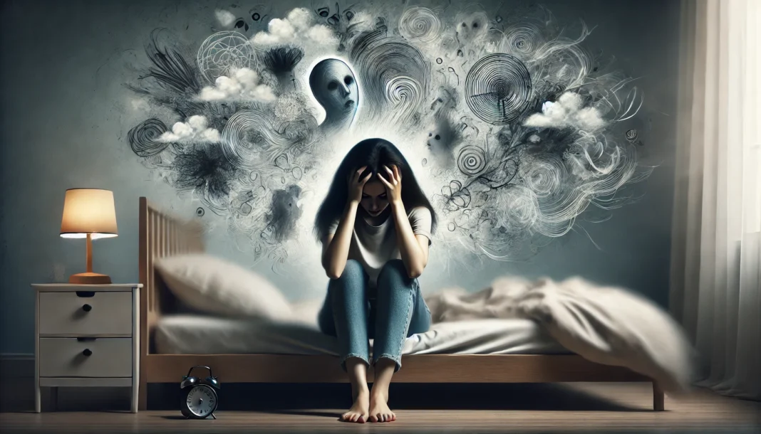 A young woman sitting on the edge of her bed in a dimly lit room, holding her head in her hands as ghostly, abstract shapes swirl around her, symbolizing hidden anxiety and emotional overwhelm without a clear cause.