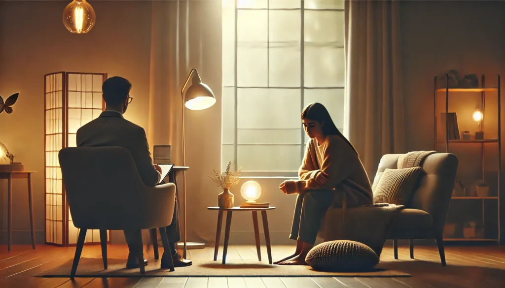 A peaceful therapy room where a calm therapist attentively listens to a distressed young adult, visually expressing empathy, support, and the importance of professional mental health care.