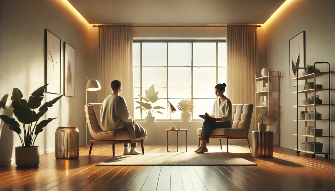 A serene modern therapy room with a therapist and patient engaged in a calm conversation, surrounded by natural light, indoor plants, and soft decor to depict a safe space for anxiety counseling and therapy.