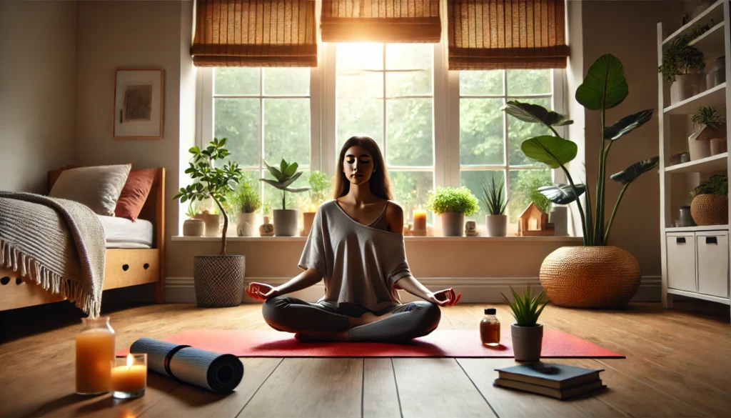 A calm individual meditating on a yoga mat in a sunlit home with indoor plants, visually representing lifestyle strategies and mindfulness for treating anxiety disorders.