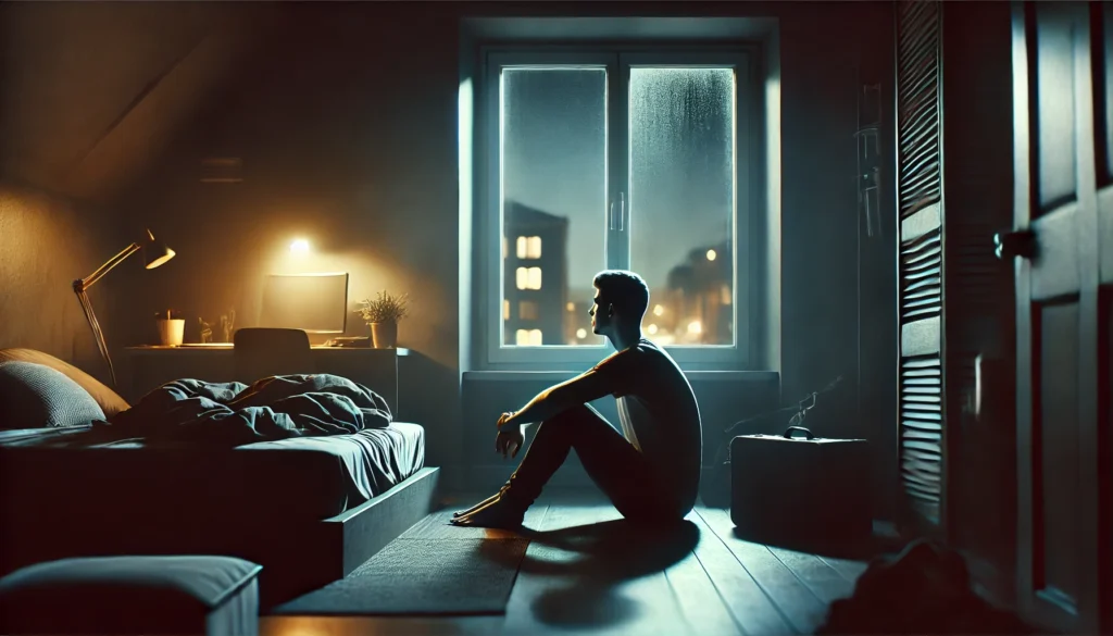 A young adult sits alone in a dimly lit bedroom at night, gazing out the window with a distant, overwhelmed expression, capturing the silent emotional struggle of severe anxiety and isolation.