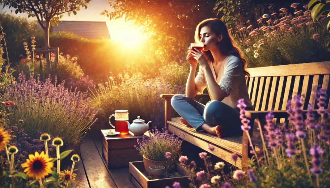 Woman sipping herbal tea in a tranquil garden at sunrise, surrounded by calming lavender, promoting emotional stability and relief from anxiety faintness.
