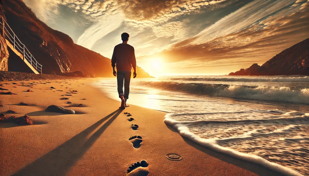 Person walking barefoot on a peaceful beach at sunset, using nature and grounding to overcome anxiety-induced dizziness and regain stability.