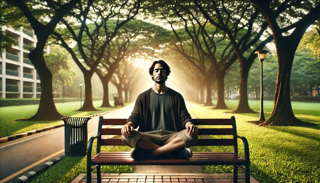 person sitting peacefully on a park bench with eyes closed and hands in lap, surrounded by trees and sunlight, symbolizing grounding during anxiety-related dizziness