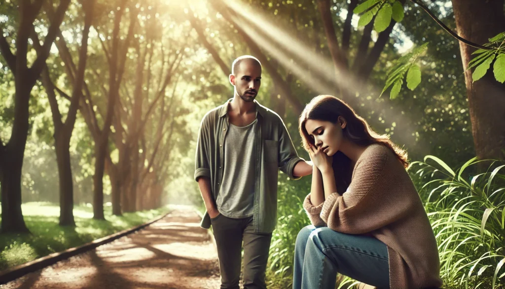 A quiet park path where two friends walk side by side under tree shade, one showing concern while listening closely to the other. The serene outdoor setting with filtered sunlight represents emotional presence and gentle support for someone experiencing anxiety.
