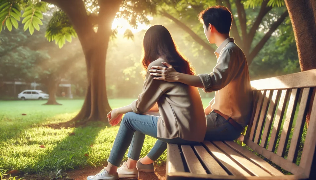 A peaceful park scene with one person gently comforting another on a bench, symbolizing empathy, emotional support, and calm during an anxiety or panic episode.