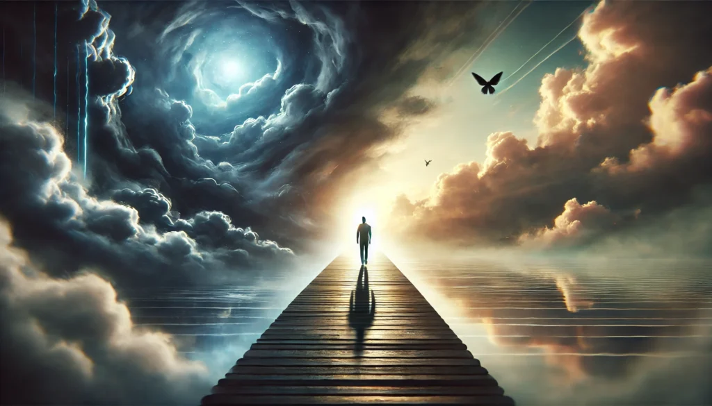 A symbolic scene showing a person walking across a bridge from a dark, stormy environment into a peaceful, sunlit landscape, representing the transformative impact of evidence-based anxiety treatment.