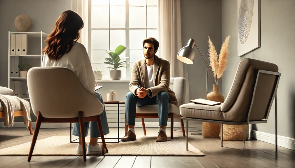 A modern therapy office with a therapist attentively listening to a patient during a one-on-one counseling session, representing structured, evidence-based practice for anxiety disorders.