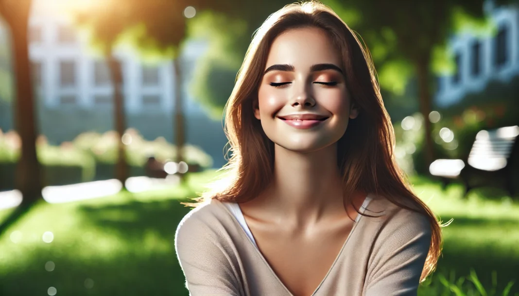 A serene young woman sits in a sunlit park with eyes closed, smiling gently, symbolizing emotional healing and mental clarity following CBT treatment for depression.