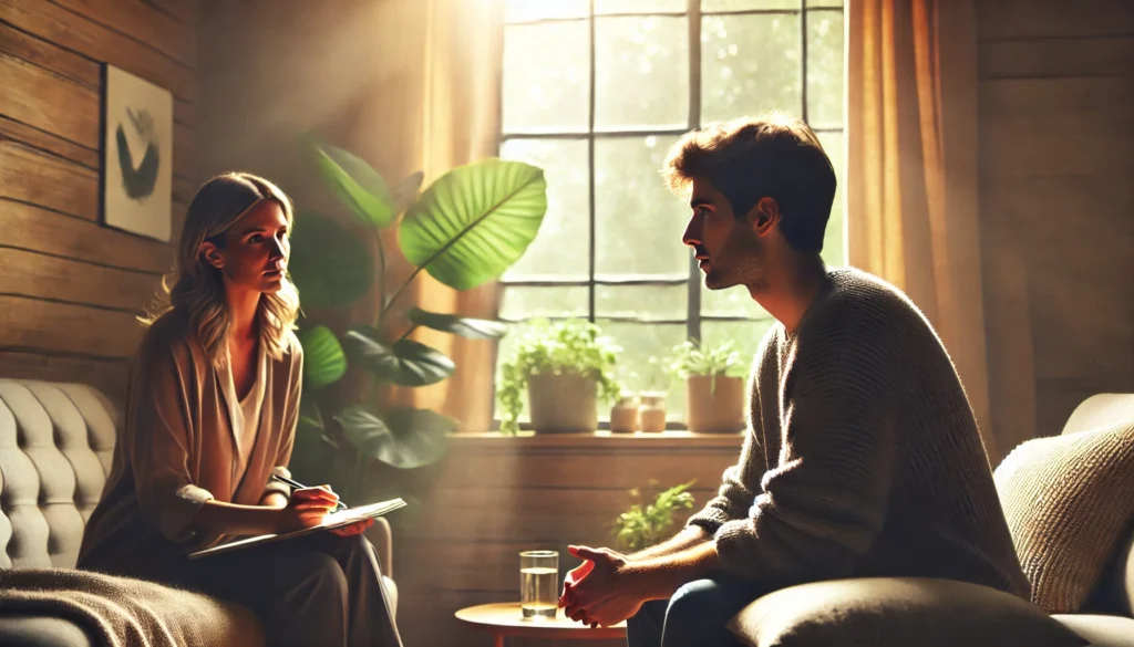A compassionate therapy session between a female therapist and a young man in a softly lit counseling room, reflecting emotional support and mental healing through CBT.