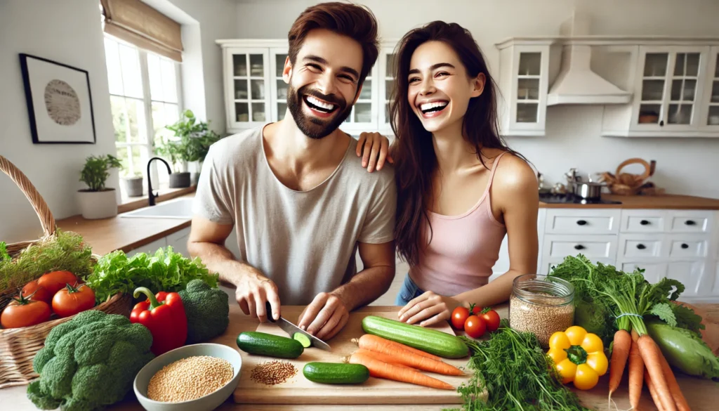 Happy couple preparing a nutritious meal together in a bright kitchen, representing the emotional benefits of healthy lifestyle changes and supportive relationships.