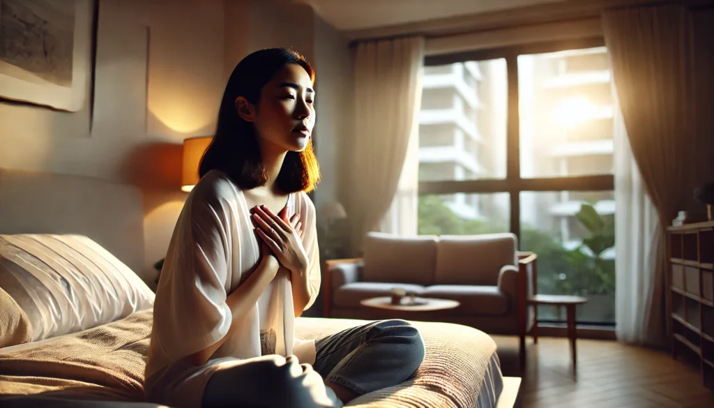 Young woman sitting on a bed at sunrise, gently holding her chest and breathing deeply, visually representing the connection between anxiety and shallow breathing in a calm, introspective environment.