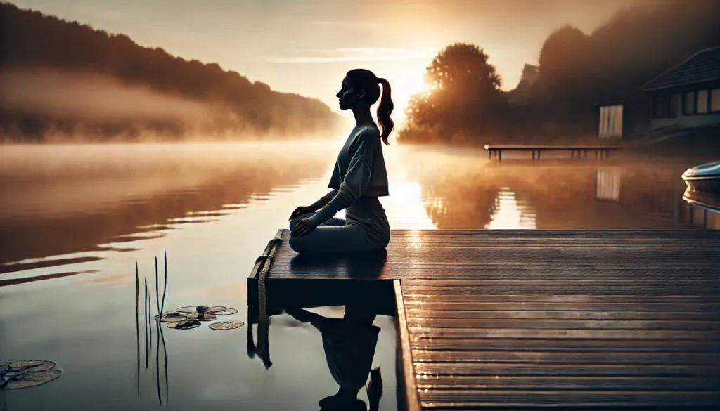 A woman practicing deep breathing on a misty lakeside dock at sunrise, surrounded by calm water and soft golden light, symbolizing breath control and anxiety relief in a peaceful, natural setting.