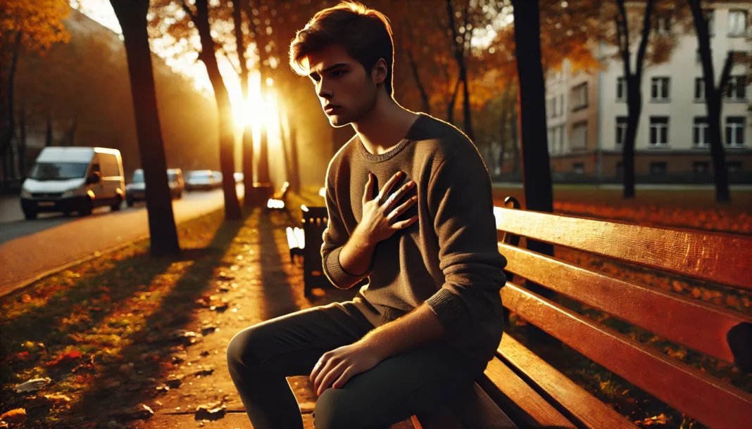 A young adult sitting alone on a park bench at sunrise, gently exhaling in a moment of quiet reflection, capturing the emotional weight of shallow breathing anxiety and the need for mental calm.