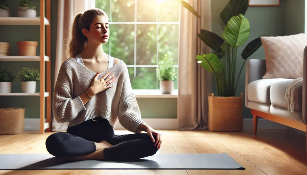A woman practicing diaphragmatic breathing while seated cross-legged on a yoga mat indoors, surrounded by soft natural light and calming plants—visually representing mindful breathwork for anxiety relief.