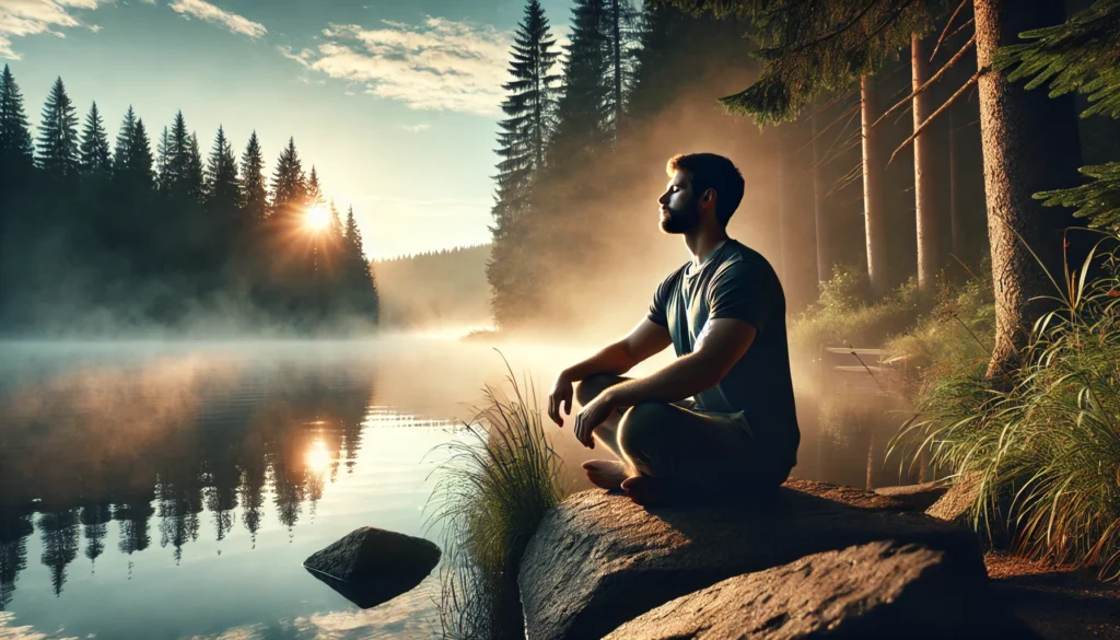 A man sitting peacefully on a rock beside a still lake at sunrise, eyes closed and posture relaxed, illustrating outdoor slow breathing techniques for calming panic attacks