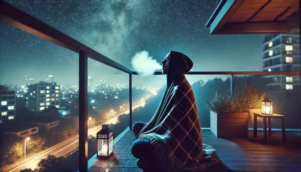 A person sitting quietly on a balcony at night, wrapped in a blanket and gazing at the stars while practicing slow, intentional breathing—capturing a peaceful moment of self-regulation and emotional grounding during anxiety.