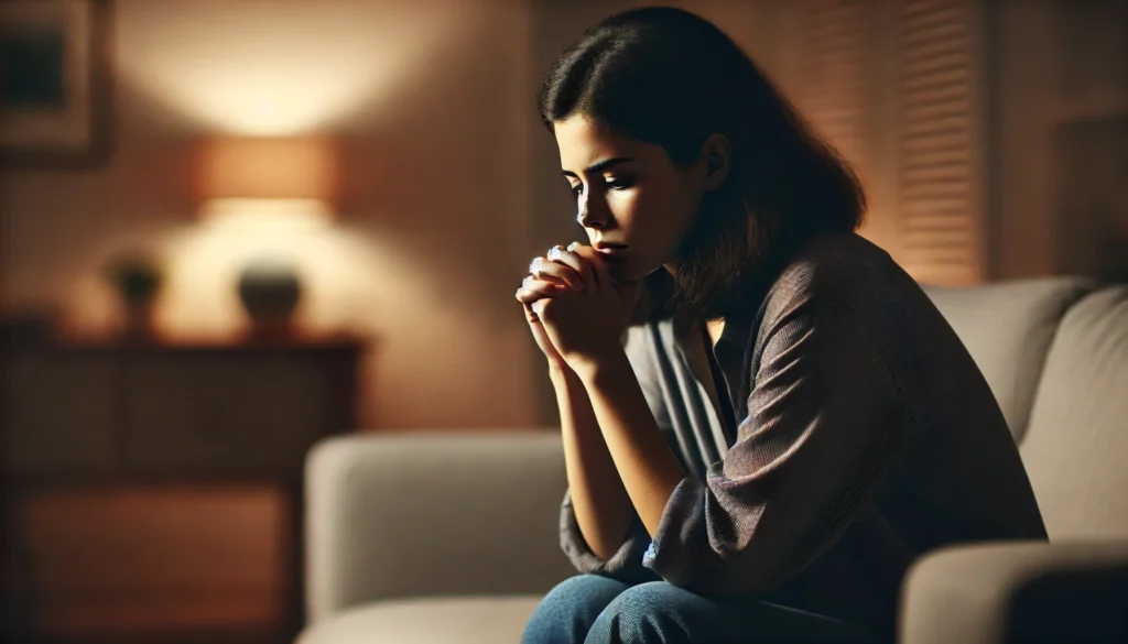 A young woman sitting alone on a couch in a dimly lit room, deeply lost in anxious thoughts with a worried expression, visually depicting emotional overwhelm and the cycle of overthinking.