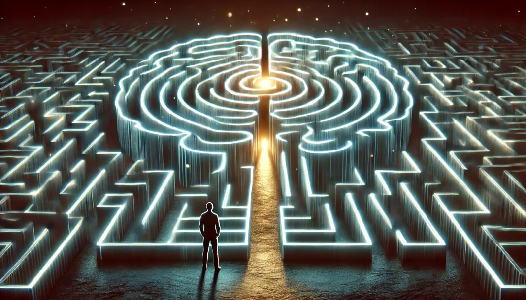 A person stands before a brain-shaped maze filled with glowing, spiraling lines, illustrating the complexity and entrapment of recurring anxious thoughts with a distant light offering hope.