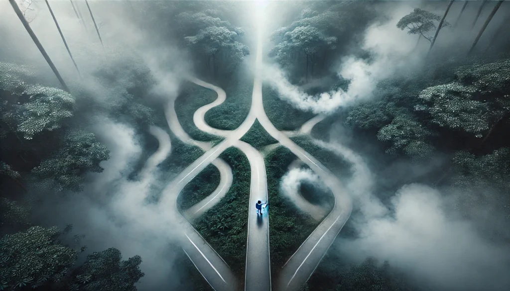 A lone figure walks along a foggy forest path that branches into multiple trails, symbolizing the confusion, indecision, and mental looping caused by anxious overthinking.