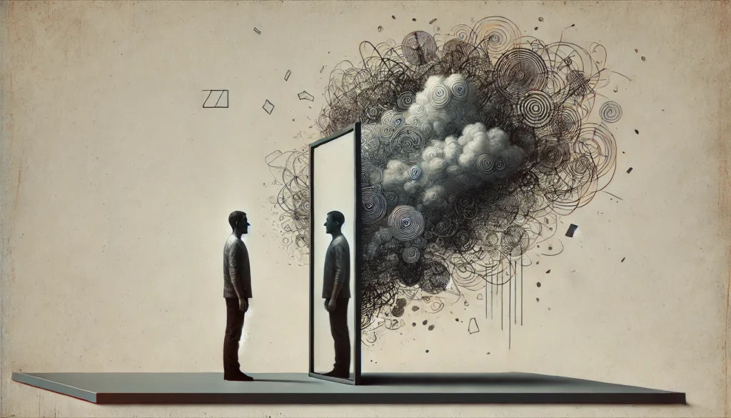 A person stares into a mirror where their reflection shows chaotic, swirling thoughts, representing the contrast between outward calm and internal cognitive overload due to anxiety.