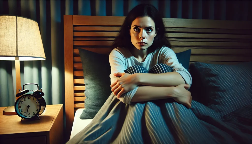 A young woman sitting in bed at night, appearing overwhelmed and deep in thought, visually capturing the emotional cycle of being anxious about anxiety in a dim, introspective setting.